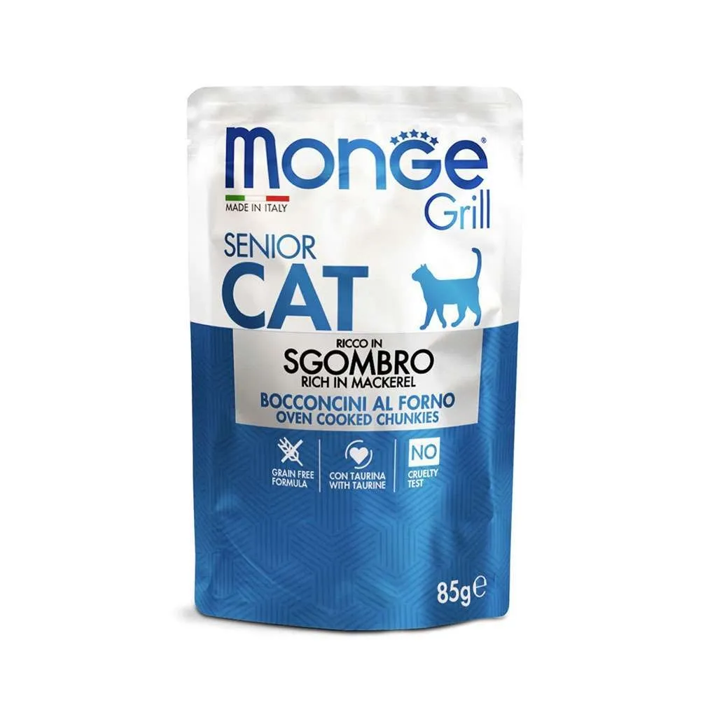 Вологий корм для котів Monge Cat Grill Senior макрель, скумбрія 85 г (шматочки в жиле) (8009470013666)