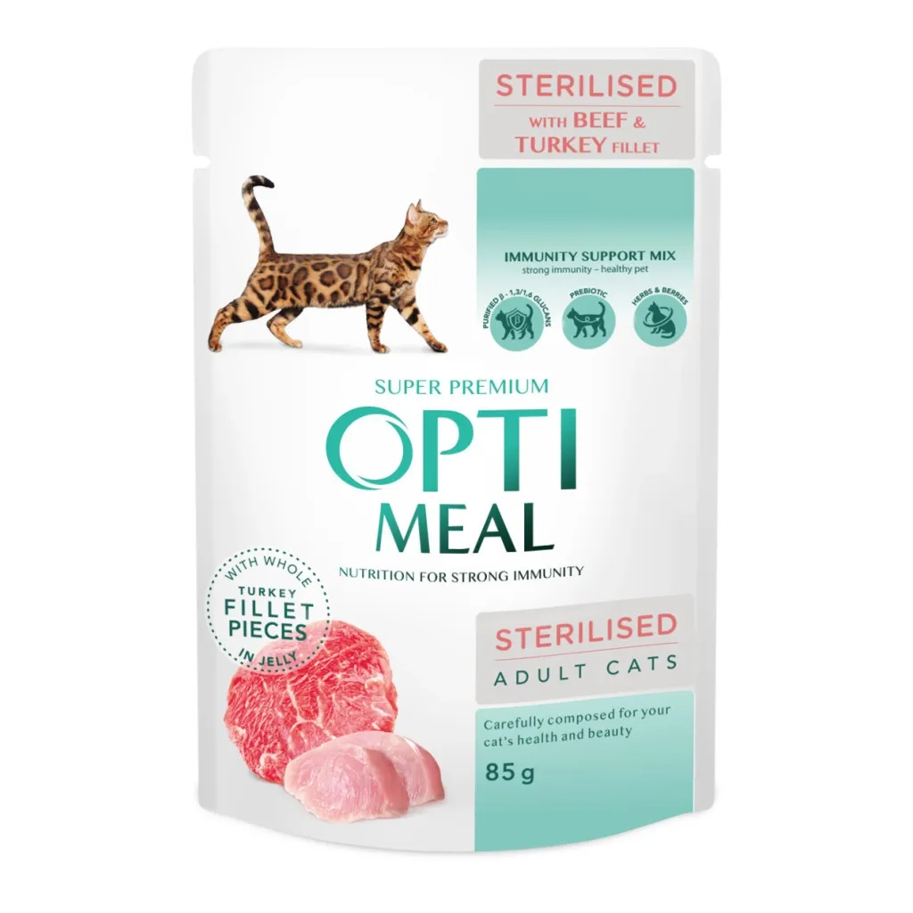 Вологий корм для котів Optimeal стерилізованих/кастрованих з яловичиною та індичим філе в желе 85 г (4820215365901)