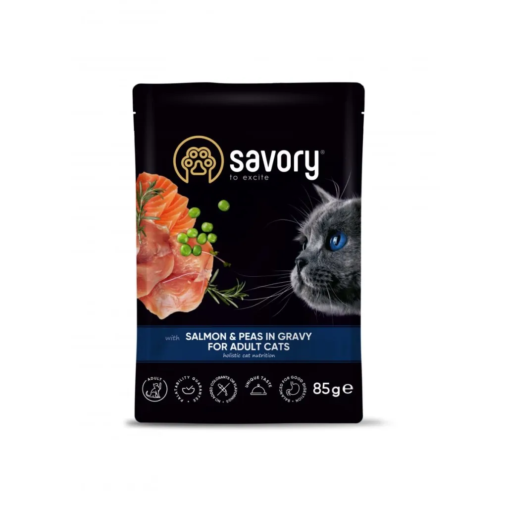 Вологий корм для котів Savory лосось з горошком у соусі 85 г (4820261920116)