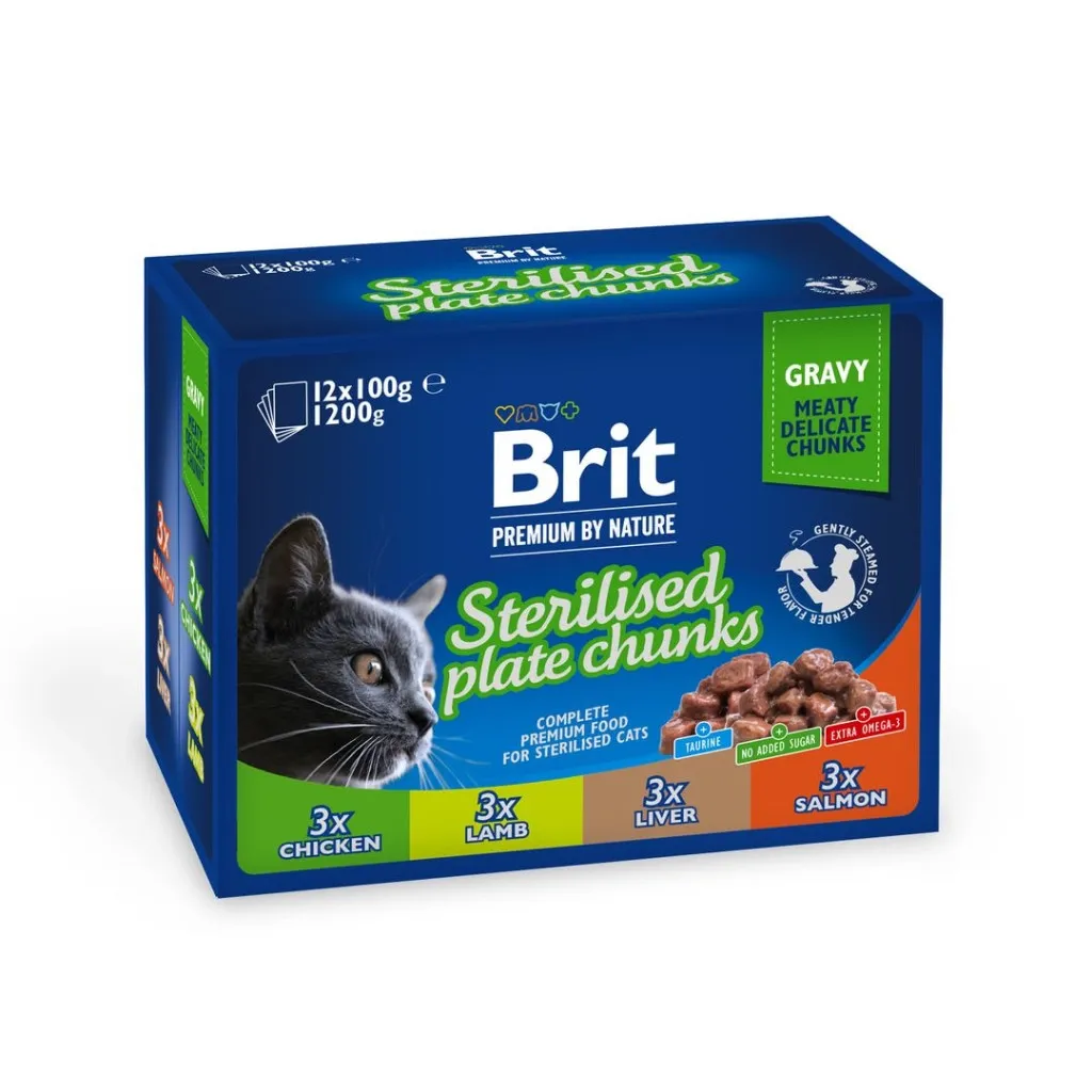 Вологий корм для котів Brit Premium Сімейна тарілка стерилізованих 4 смаки 100 г х 12 шт (8595602548514)