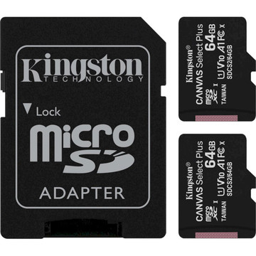 Карта памяти Kingston 2x64GB microSDXC C10 UHS-I R100MB/s Canvas Select Plus + SD