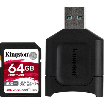 Карта пам'яті  Kingston 64GB SDXC class 10 UHS-I U3 React Plus + USB-кардридер (MLPR2/64GB)