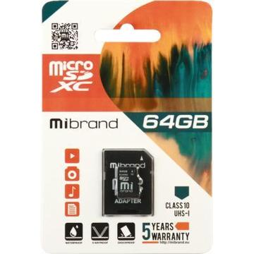 Карта памяти Mibrand MicroSDXC 64GB Class 10 (UHS-1)+SD adapter (MICDXU1/64GB-A)