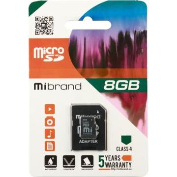 Карта памяти Mibrand MicroSDHC 8GB Class 4+SD adapter (MICDC4/8GB-A)