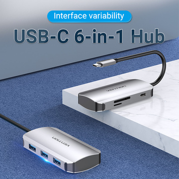 USB Хаб Vention USB3.1 Type-C/USB 3.0x3/SD/TF/PD 100W Hub 6-in-1 (TNHHB)