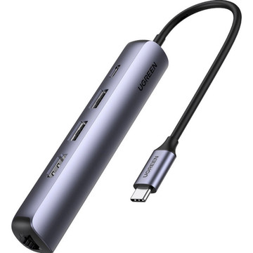 USB Хаб Ugreen USB3.0 Type-C  to HDMI/USB 3.0x2//RJ45/PD CM418 Silver