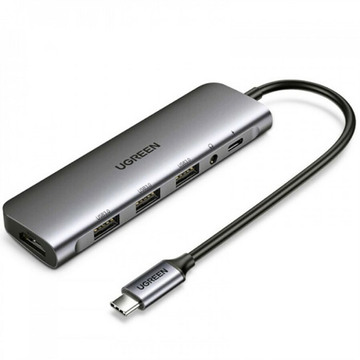 USB Хаб Ugreen USB3.0 Type-C  to USB 3.0x3/HDMI/jack 3.5mm/PD CM136 Silver