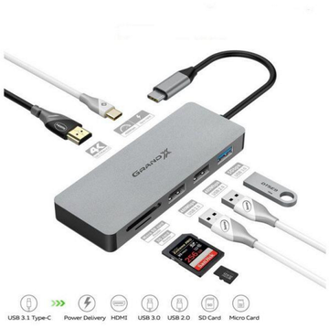 USB Хаб USB 3.1 Type-C Grand-X PD Сharging HDMI/3хUSB/Type-C/OTG/CR (SG-512)