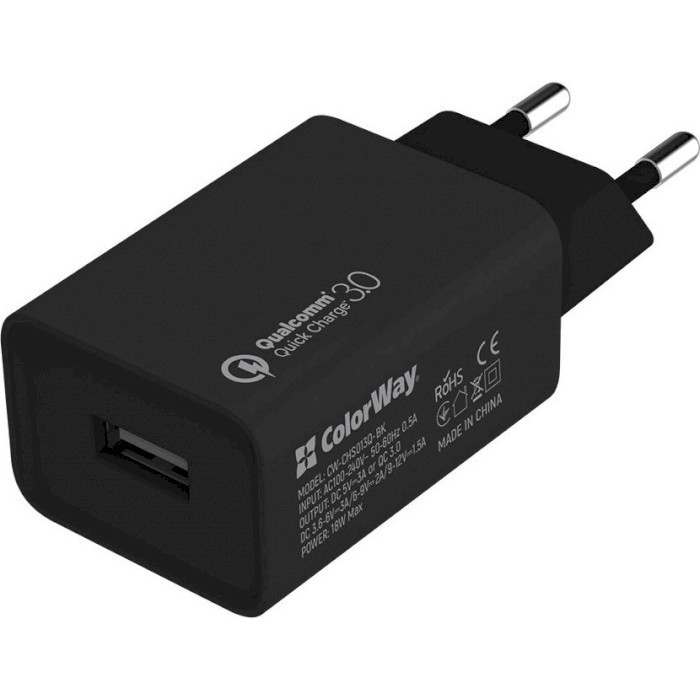 Зарядний пристрій ColorWay (1USBx3A) QC3.0 Black (CW-CHS013QCL-BK) + Lightning