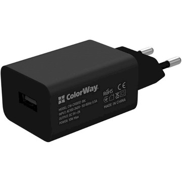 Зарядное устройство ColorWay (1USBx2A) Black (CW-CHS012CC-BK) + USB Type-C