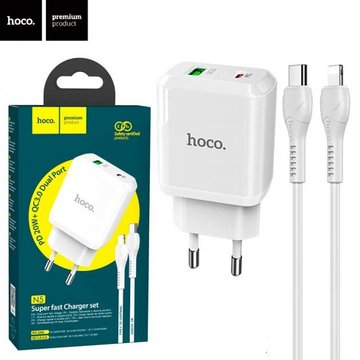Зарядное устройство Hoco N5 (PD/QC3.0) 1Type-C+1USB/3A/20W + (Type-C - Lightning) (White)