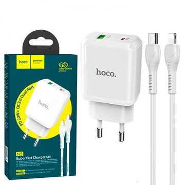 Зарядное устройство Hoco N5 (PD/QC3.0) 1Type-C+1USB/3A/20W + (Type-C - Type-C) (White)
