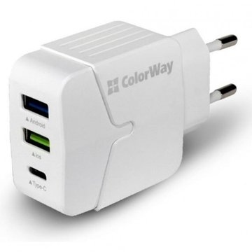 Зарядний пристрій Colorway 2USB + Type-C 3.4A white