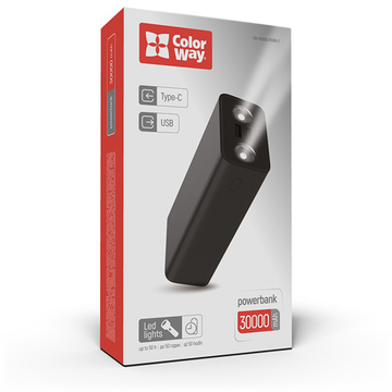 Зовнішній акумулятор ColorWay 30000mAh Lamp Black (CW-PB300LPB3BK-F)