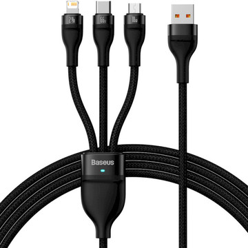 Кабель USB Baseus Flash Series II One-for-three Fast Charging Data Cable USB to M+L+C 66W 1.2m Black