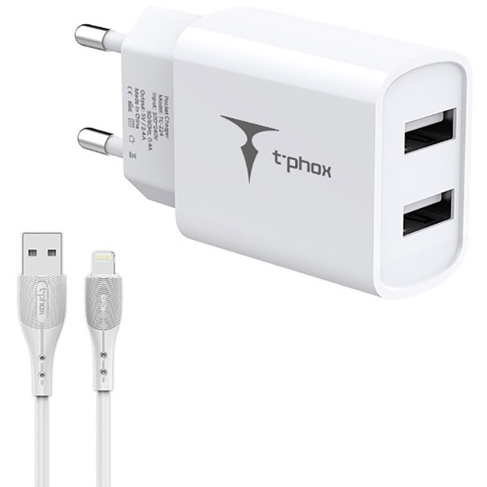 Зарядний пристрій T-phox TCC-224 Pocket Dual USB + Lightning White