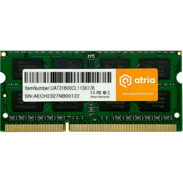 Оперативна пам'ять ATRIA 8 GB SO-DIMM DDR3 1600 MHz (UAT31600CL11SK1/8)