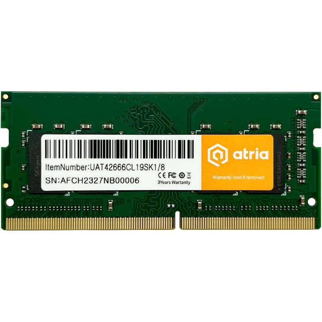 Оперативна пам'ять ATRIA 8 GB SO-DIMM DDR4 2666 MHz (UAT42666CL19SK1/8)