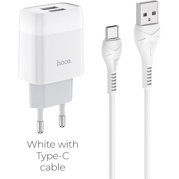 Зарядний пристрій Hoco C73A Glorious (2USB, 2.4А) White (6931474713070) + cable Type-C