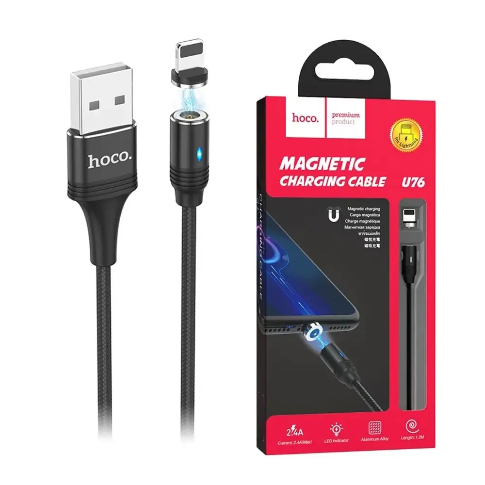 Кабель USB Hoco U76 Fresh USB - Lightning, магнітний, 1.2 m Black (U76B)