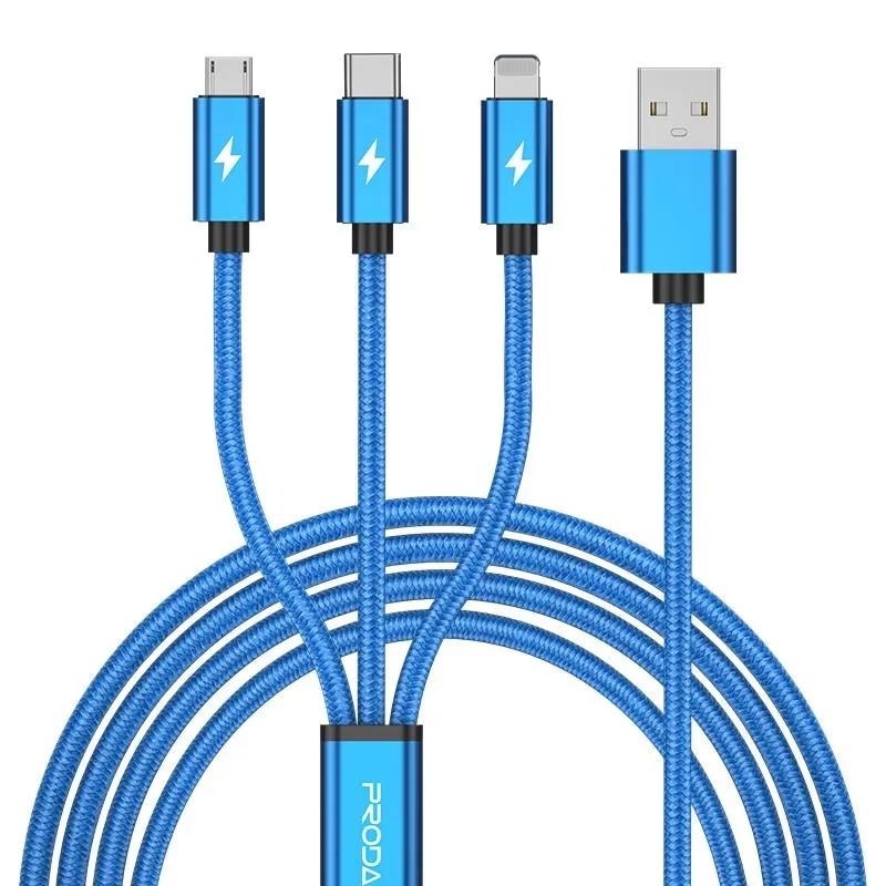 Кабель USB Proda PD-B65th USB-Lightning + microUSB + USB-C, 1.2m, Blue