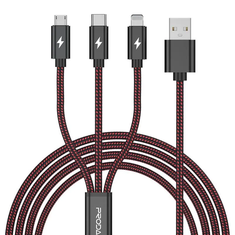 Кабель USB Proda PD-B65th USB-Lightning + microUSB + USB-C, 1.2m, Red