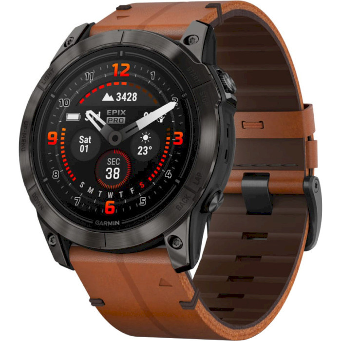 Смарт-часы Garmin Epix Pro (Gen 2) Sapphire 51mm Carbon Gray DLC Titanium Leather Band (010-02804-30) UA