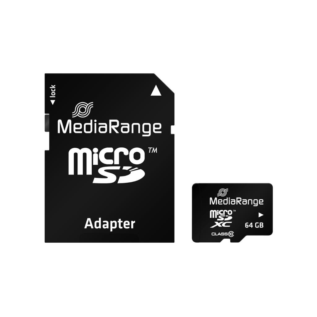 Карта памяти MicroSDHC  64GB Class 10 MediaRange R60/W15MB/s + SD-adapter (MR955)