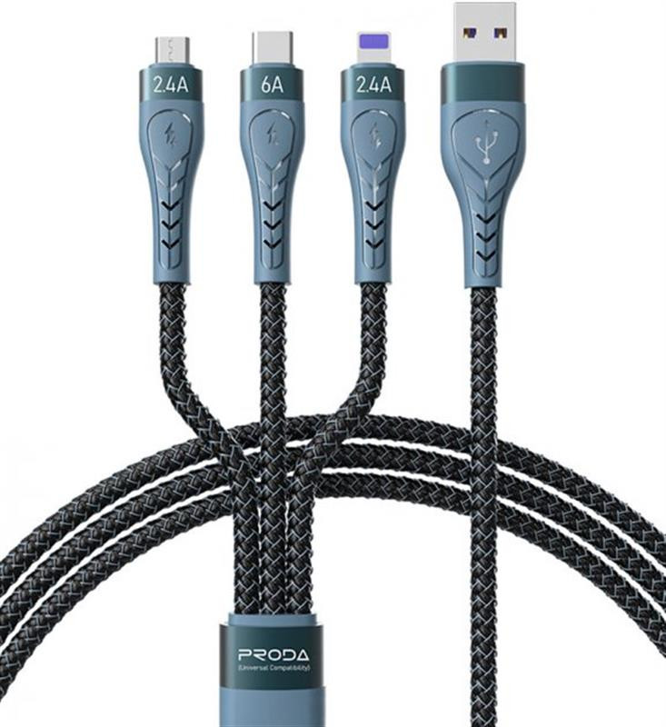 Кабель USB Proda PD-B74th USB - Lightning/microUSB/USB-C 6А, 1.3m Black (PD-B74th-BK)
