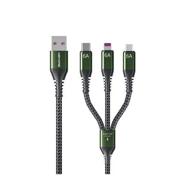 Кабель USB WK WDC-170 Raython 3-in-1 Lightning-МicroUSB-Type-C 6A, 1.2m Black (6941027631980)