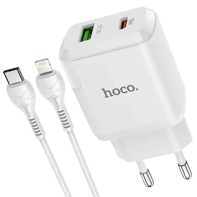 Зарядний пристрій Hoco N5 (1USB 3A QC3.0 + 1 PD Type-C) White (S25619) + Lightning