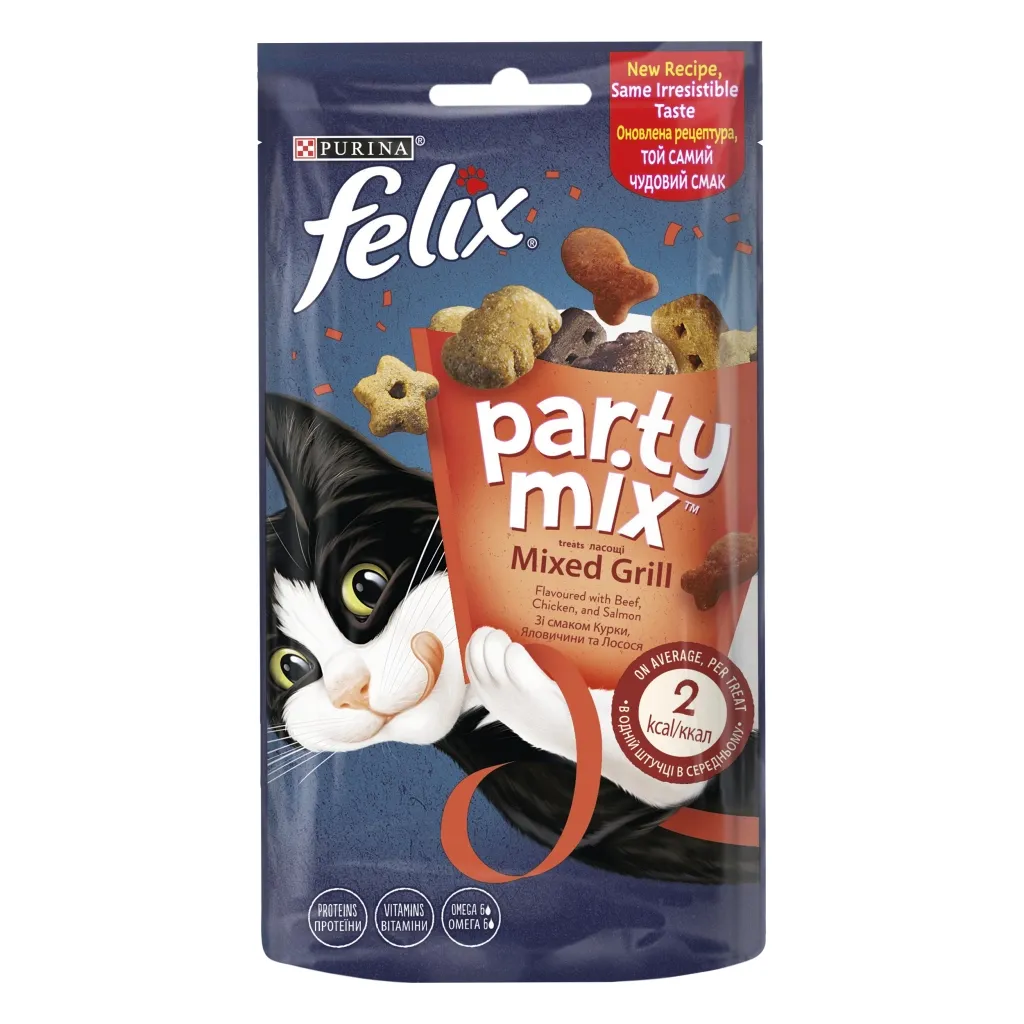 Ласощі для котів Purina Felix Party Mix Гриль Мікс з куркою, яловичиною та лососем 60 г (7613287631404)