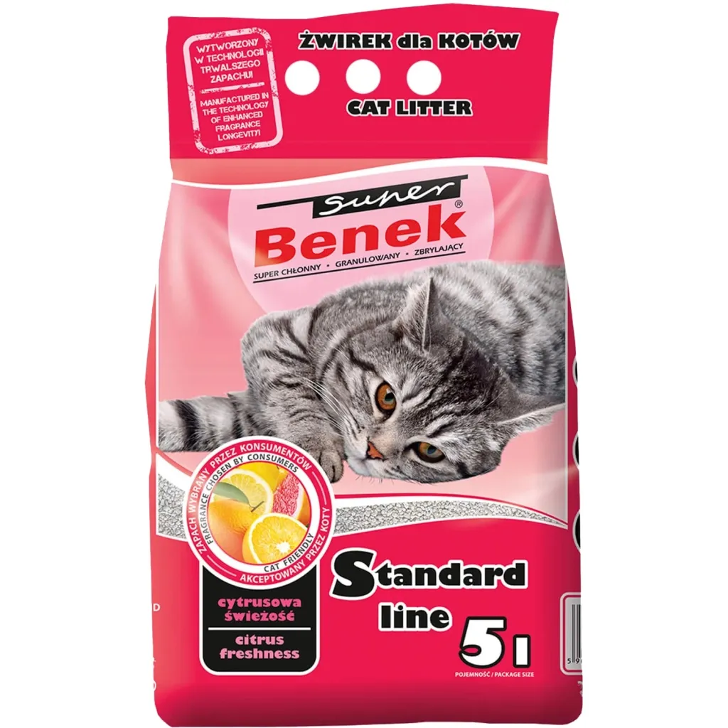 Наполнитель для туалета Super Benek Бентонитовый стандартный с ароматом цитрусовой свежести 5 л (5905397018599)