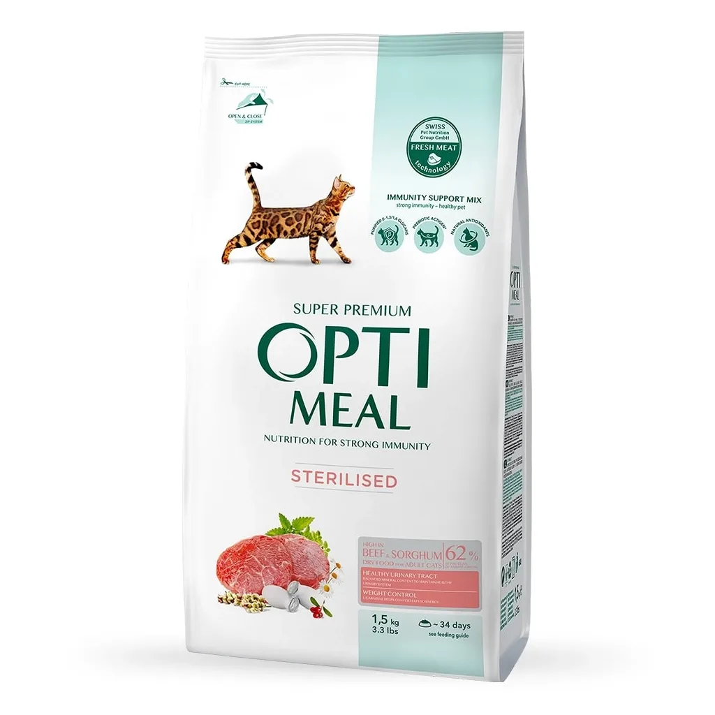 Сухий корм для котів Optimeal стерилізованих/кастрованих з яловичиною і сорго 1.5 кг (4820215364652)