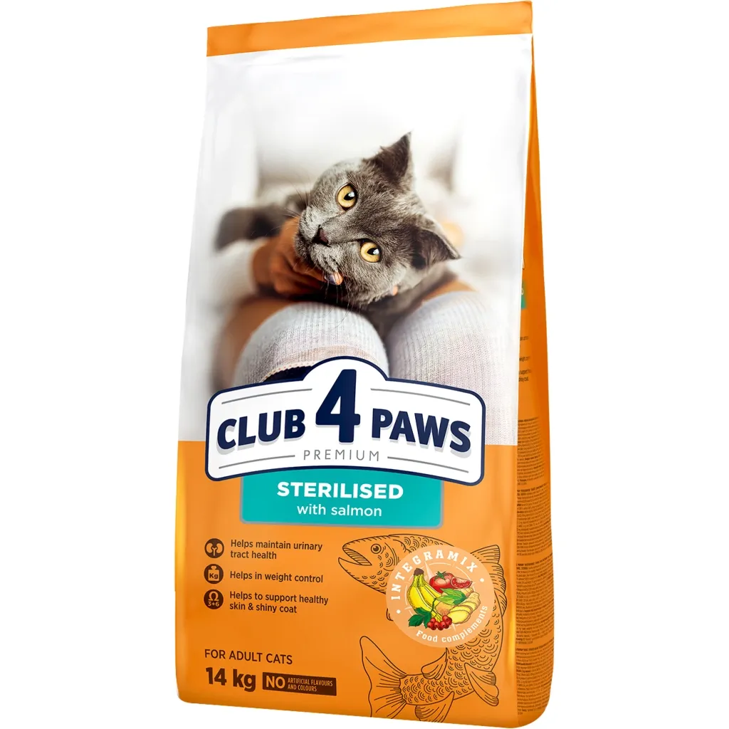 Сухой корм для кошек Club 4 Paws Premium взрослых стерилизованных с лососем 14 кг (4820215369497)