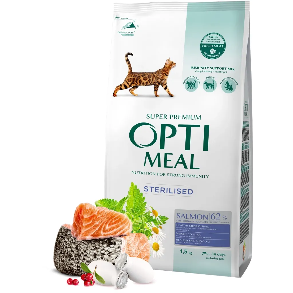 Сухой корм для кошек Optimeal стерилизованных/кастрированных с лососем 1.5 кг (4820215368162)