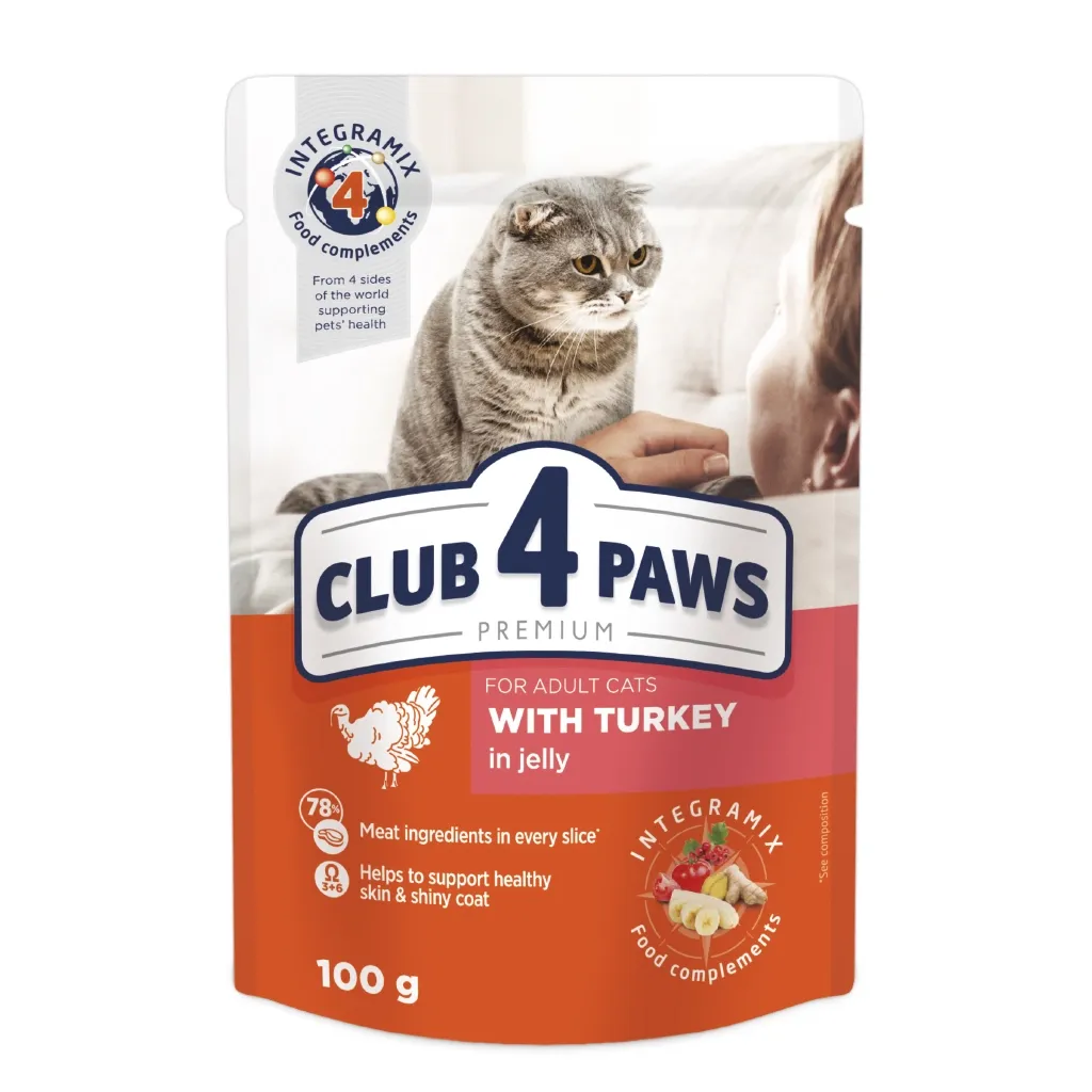 Вологий корм для котів Club 4 Paws в желе з індичкою 100 г (4820215364256)