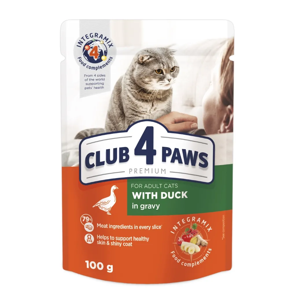 Вологий корм для котів Club 4 Paws в соусі з качкою 100 г (4820215364416)