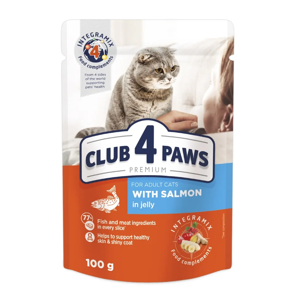 Вологий корм для котів Club 4 Paws у желе з лососем 100 г (4820083908873)