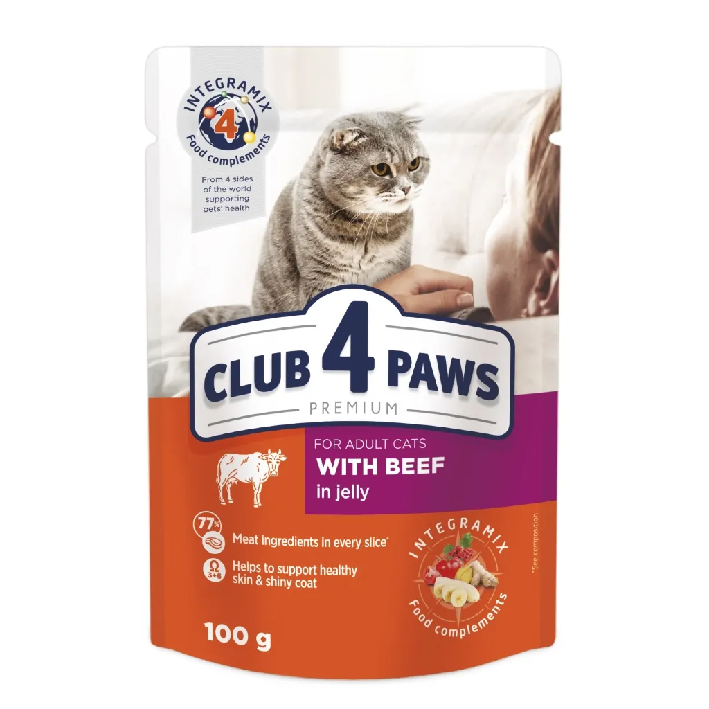 Вологий корм для котів Club 4 Paws в желе з яловичиною 100 г (4820215364409)