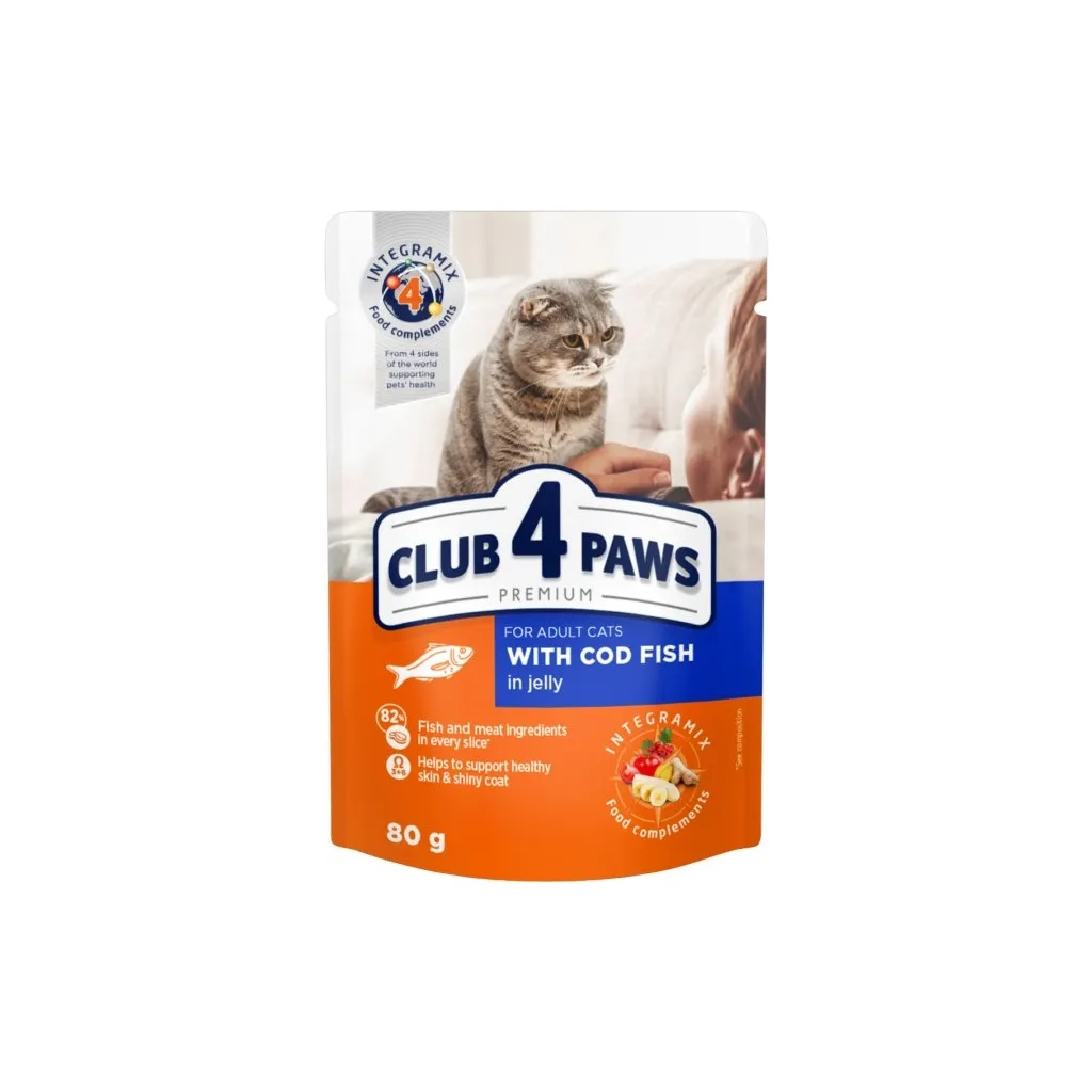 Вологий корм для котів Club 4 Paws в желе з тріскою 80 г (4820215364645)