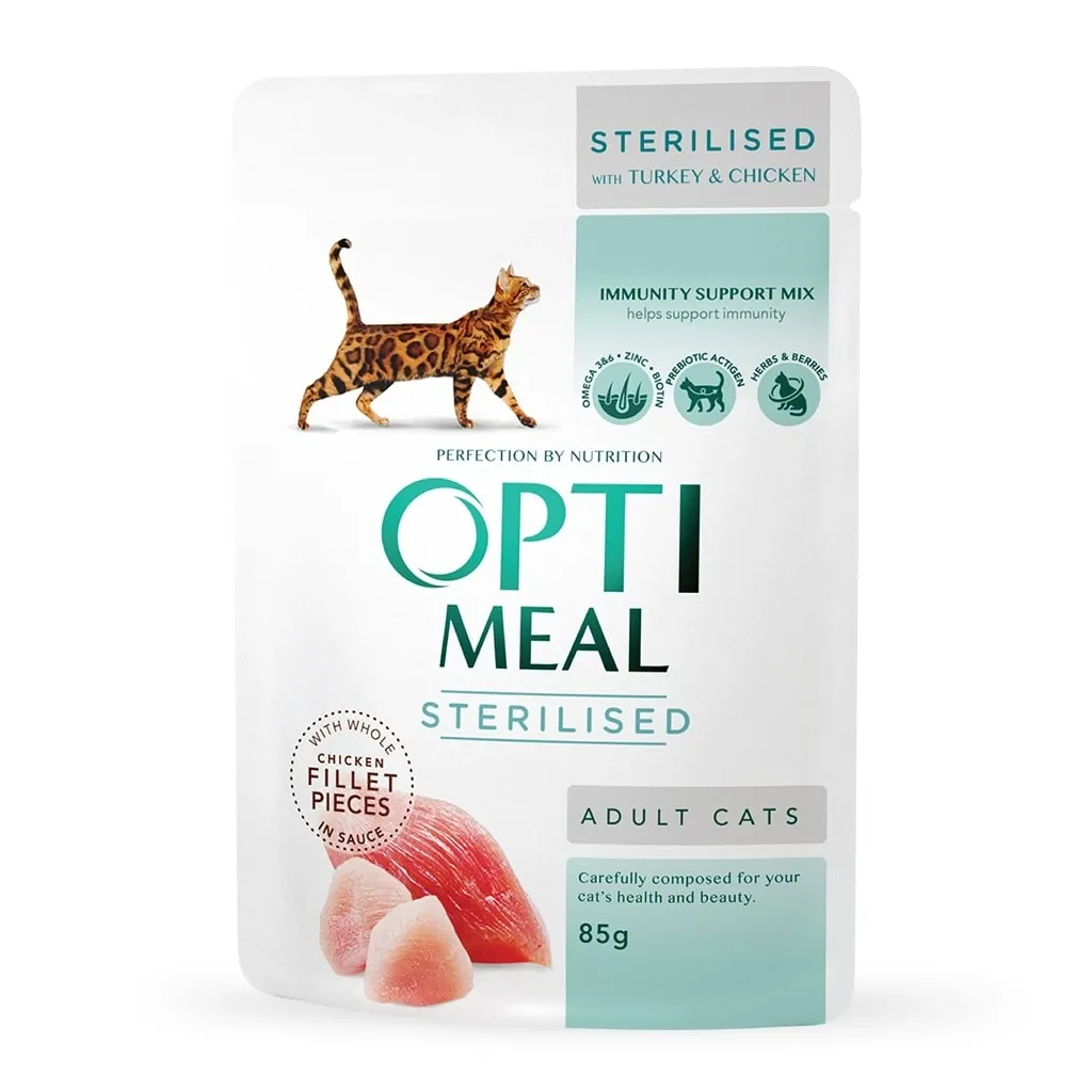 Влажный корм для кошек Optimeal стерилизованных с индейкой и куриным филе в соусе 85 г (4820083906015)