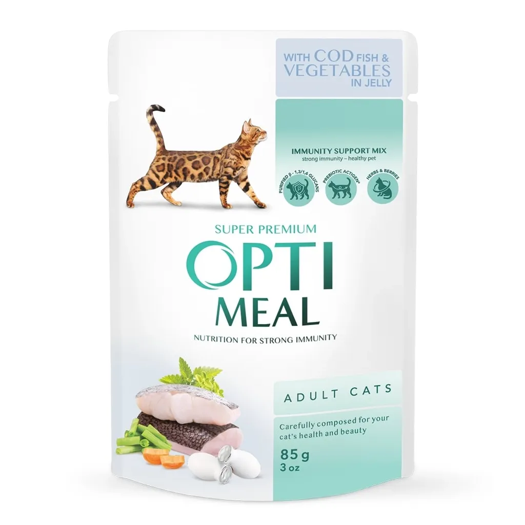 Вологий корм для котів Optimeal з тріскою і овочами в желе 85 г (4820215364041)