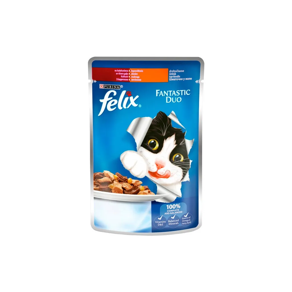 Влажный корм для кошек Purina Felix Fantastic Duo кусочки в желе с индейкой и печенью 100 г (7613036923200)