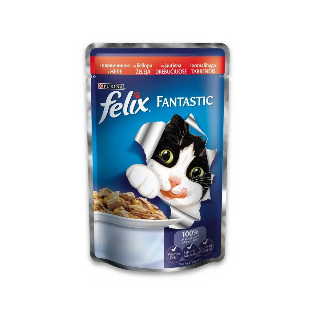 Влажный корм для кошек Purina Felix Fantastic в желе с говядиной 100 г (7613035072626)