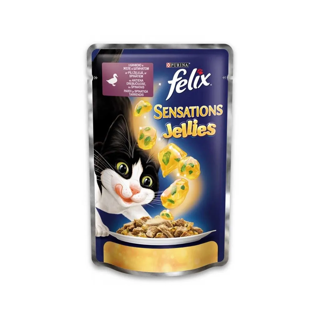 Вологий корм для котів Purina Felix Sensations Jellies в желе з качкою і шпинатом 100 г (7613035469662)