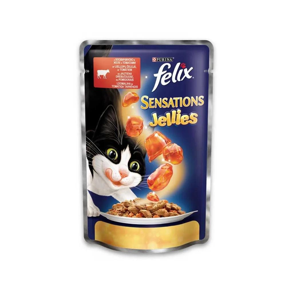 Вологий корм для котів Purina Felix Sensations Jellies у желе з яловичиною та томатами 100 г (7613035469624)