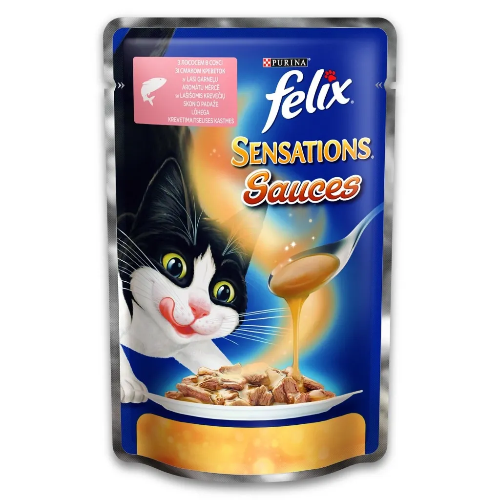 Вологий корм для котів Purina Felix Sensations Sauces в соусі з лососем та креветками 100 г (7613036075930)