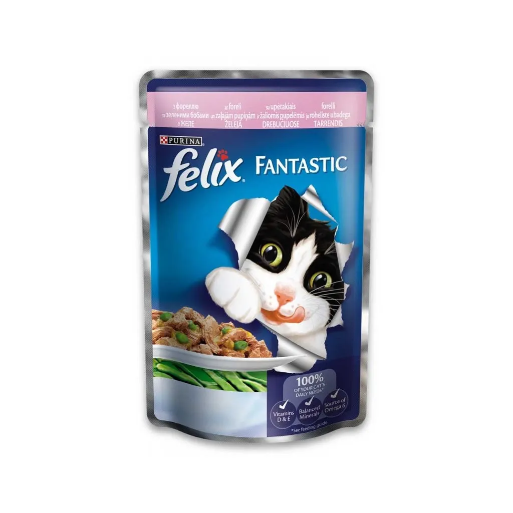 Вологий корм для котів Purina Felix Fantastic в желе з фореллю і зеленими бобами 100 г (7613034441904)