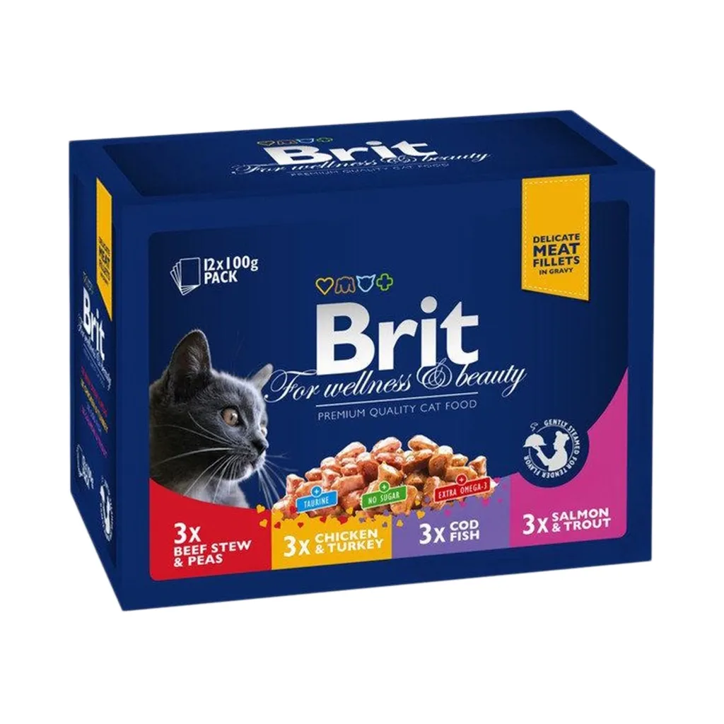 Вологий корм для котів Brit Premium Cat сімейна тарілка асорті 4 смаки 100 г х 12 шт (8595602506255)